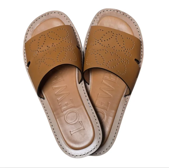 LOEWE Anagram Perforated Leather Slides Sandals Caramel - Size 10